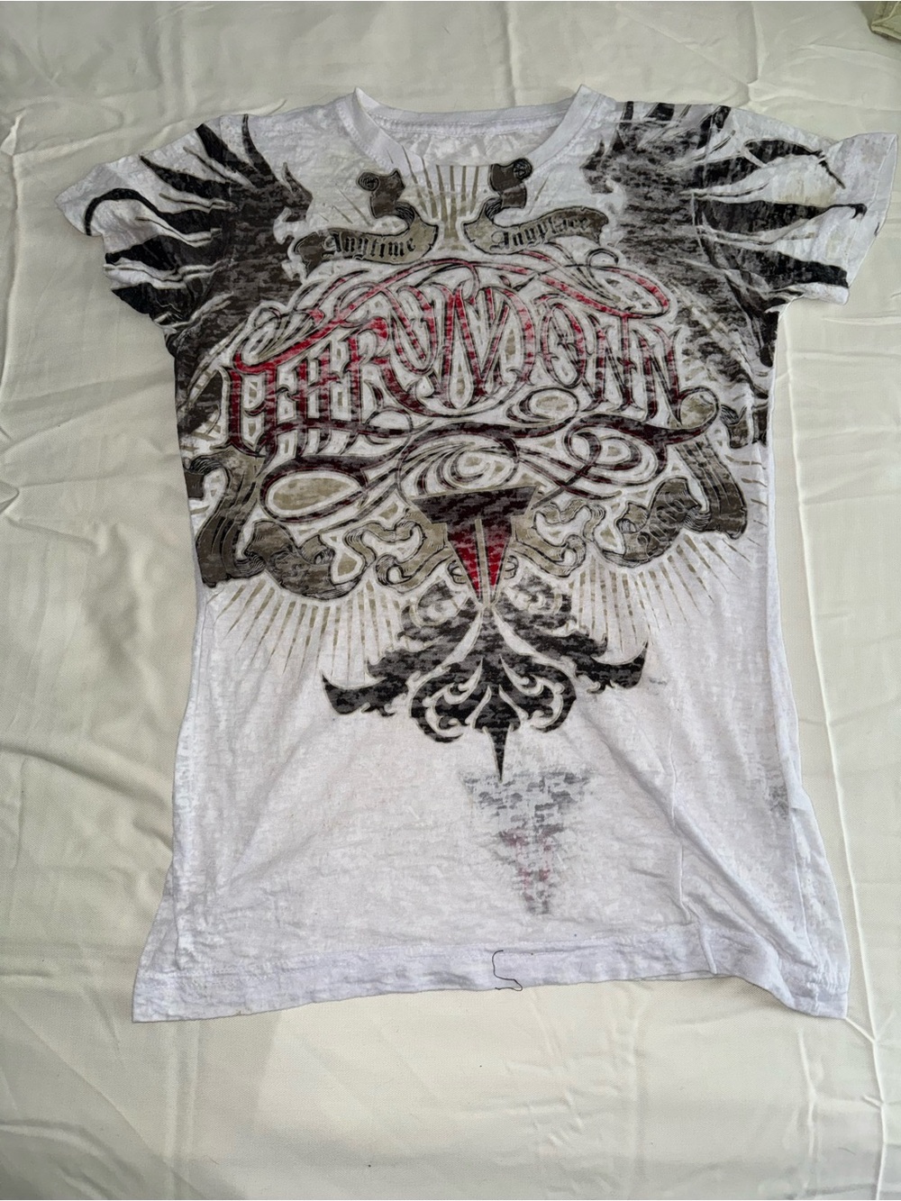 Graphic White Women's Crewneck Tee with Black and Red Design